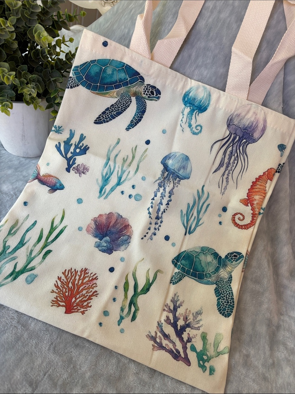 Cotton Canvas Beach Sea Life Ocean Animals Tote Bag NWT 13.75x15.75”